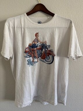 Large White Lucky Brand Graphic Tee with Retro Motorcycle Pin-Up